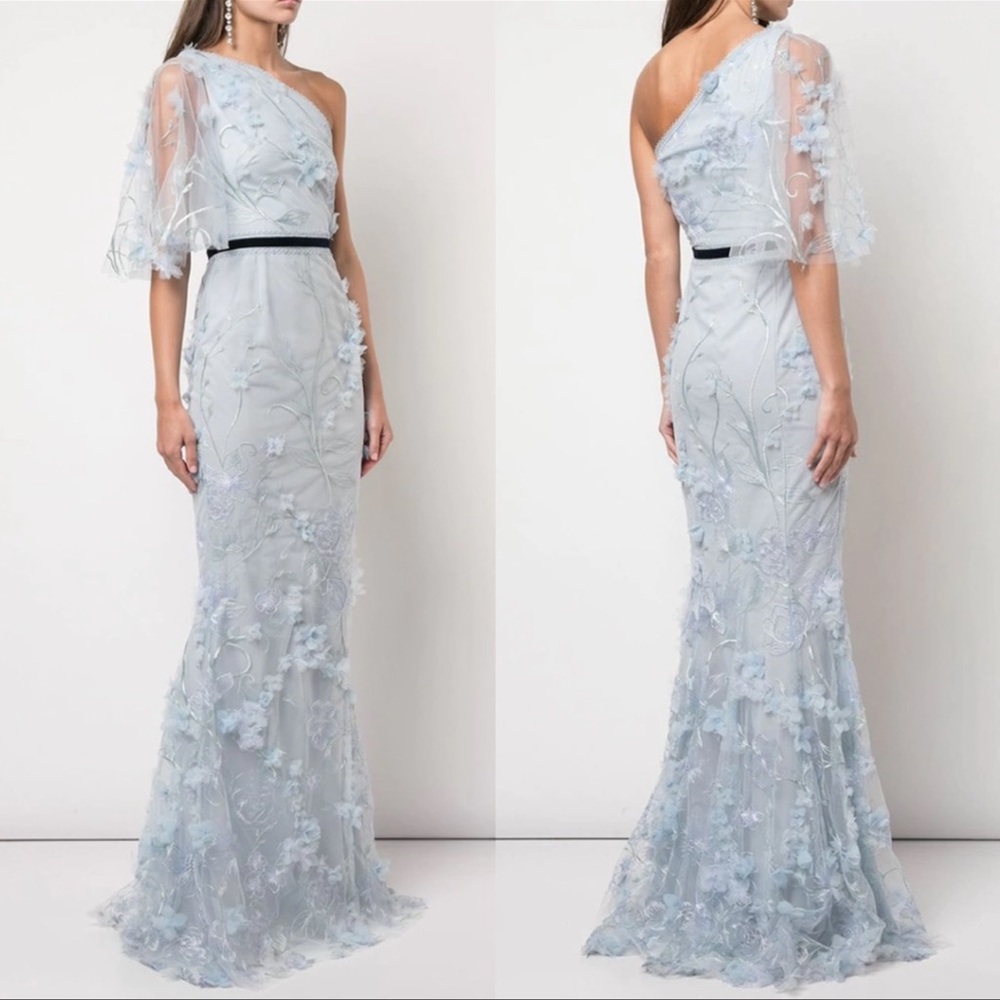 Marchesa Notte One-Shoulder Flutter Sleeve Mermaid Gown